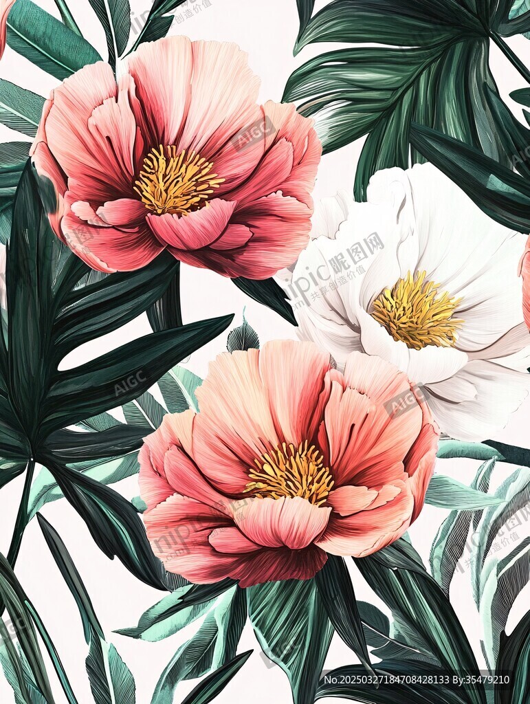粉色白色花卉与绿叶插画