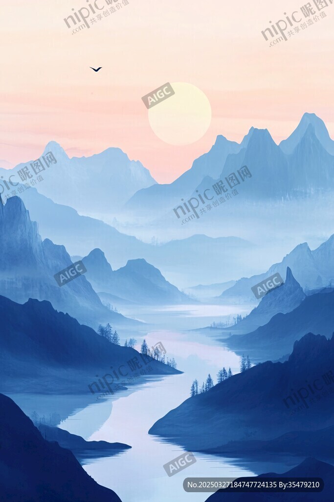 夕阳下的山水壮丽景观