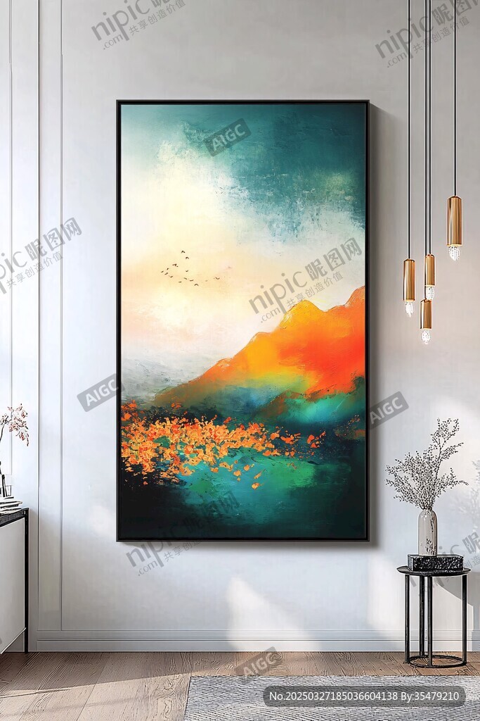 现代客厅中的抽象山水挂画
