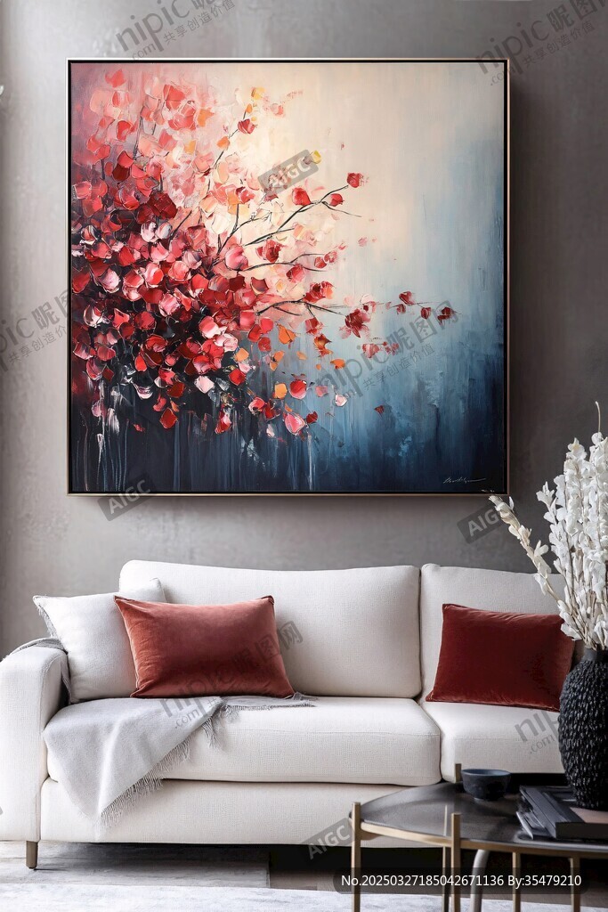 现代客厅中的花卉艺术挂画