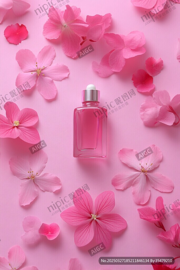 粉色香水瓶与烂漫花瓣