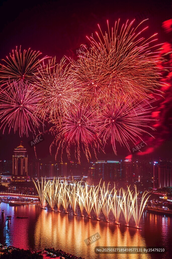 城市夜空绚烂烟花绽放