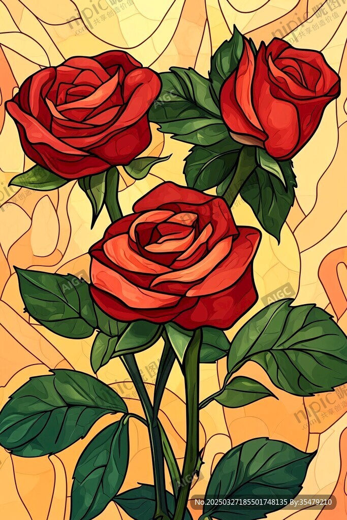 三朵红玫瑰插画艺术图
