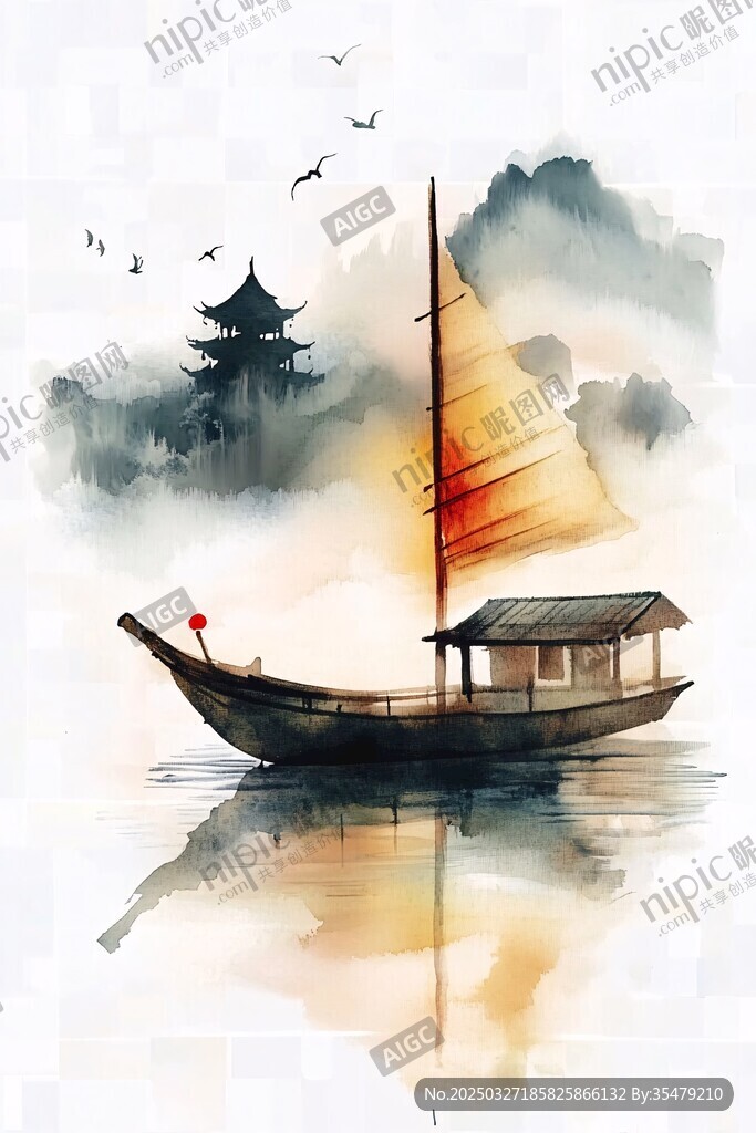 水墨江上帆船古建筑之景