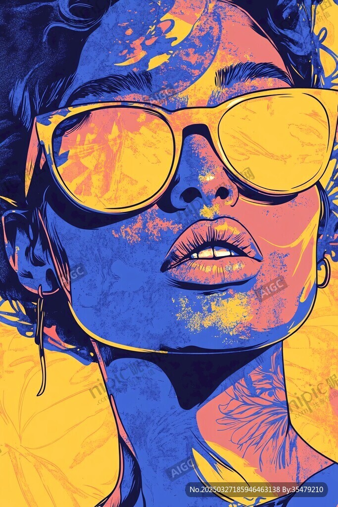 时尚墨镜女士插画风格肖像