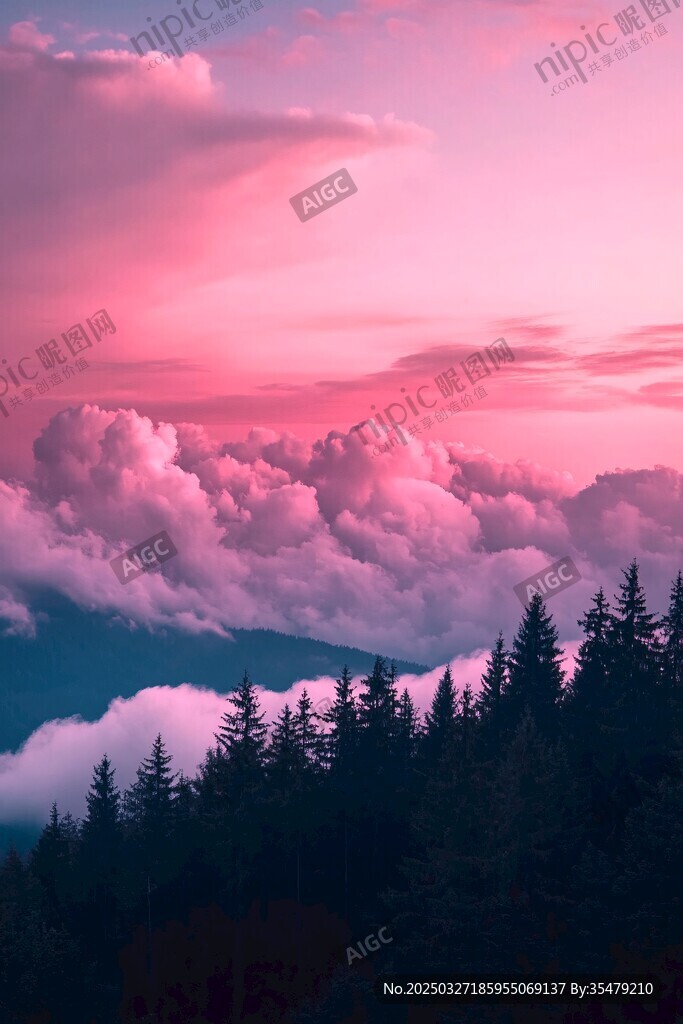 梦幻粉紫天空下的森林