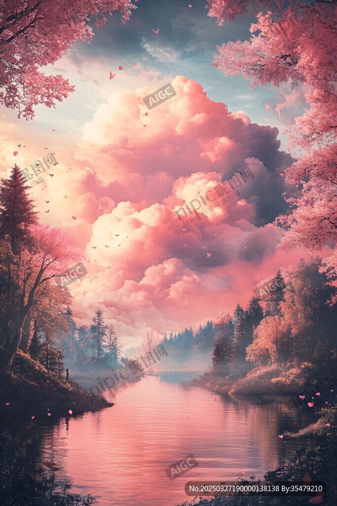 梦幻粉紫河畔森林美景