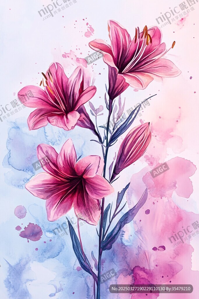 水彩绘就的娇艳粉色百合花