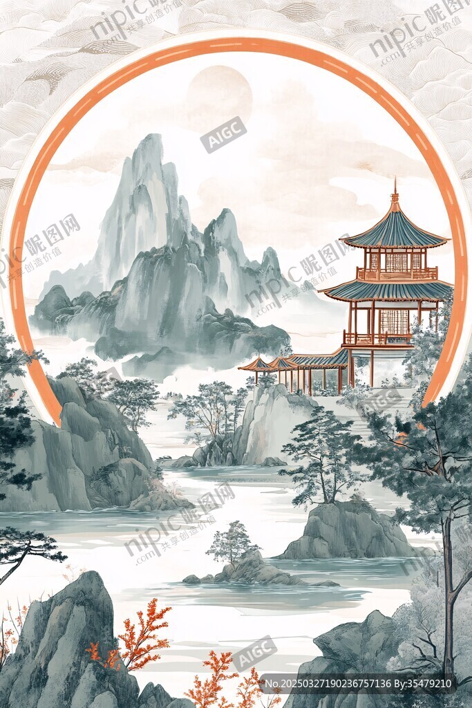 中式山水楼阁意境图