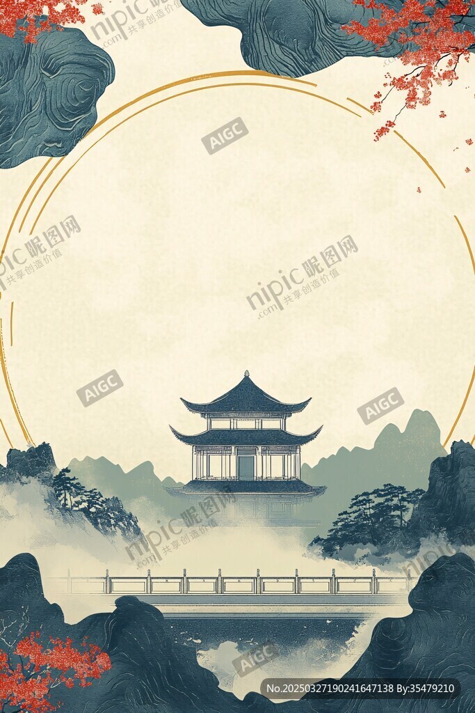 古风山水楼阁意境图
