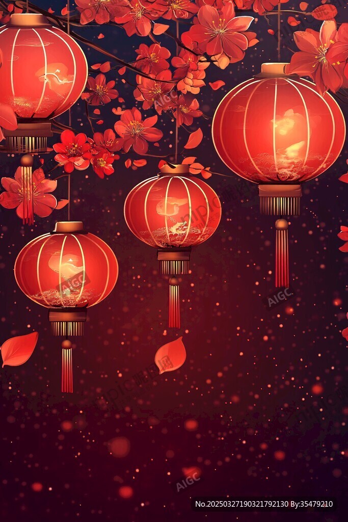 喜庆红灯笼与繁花背景