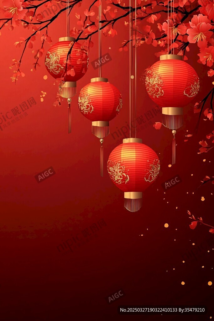 红灯笼映红梅喜庆氛围