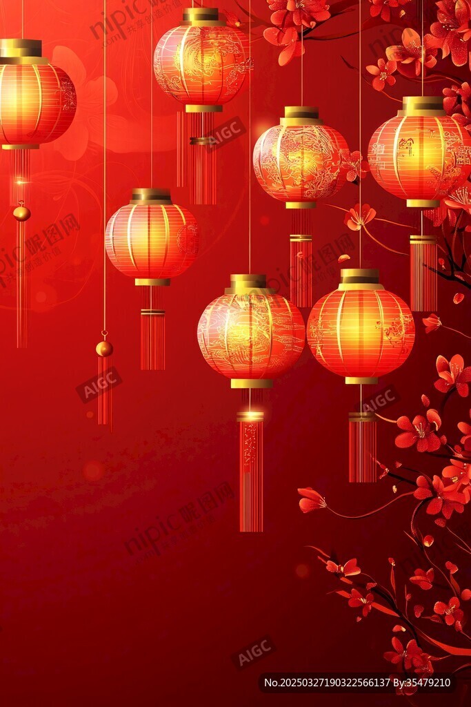 喜庆红灯笼装点红色背景