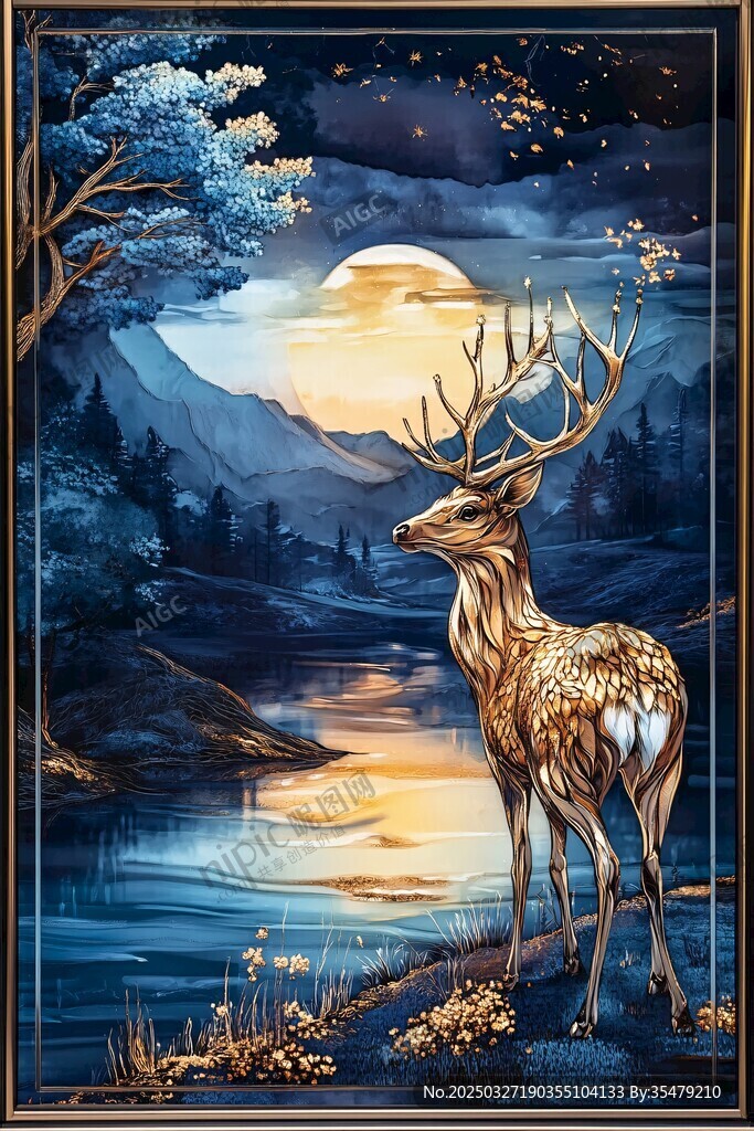 月夜下的鹿影湖畔美景