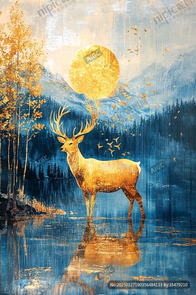 金色麋鹿于湖畔月夜之景