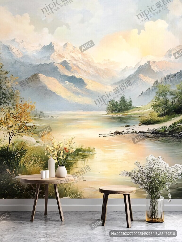 山水壁画前的简约室内景致