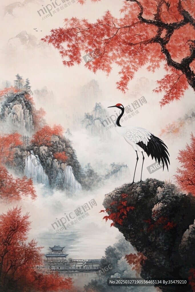 丹顶鹤立山水间红叶景