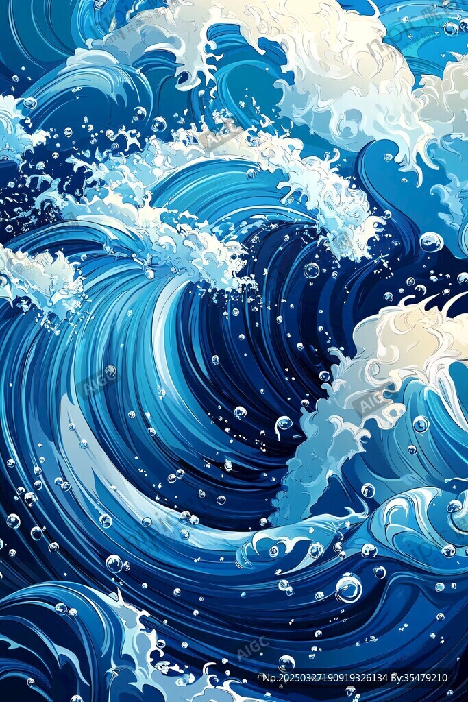 蓝色汹涌海浪艺术插画