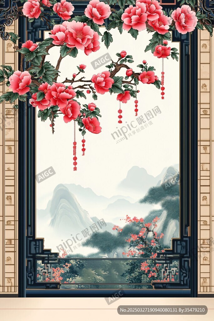 中式窗景下的繁花山水图