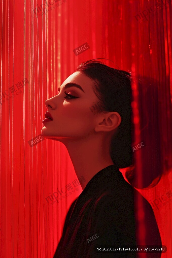 红幕下的优雅女性侧影