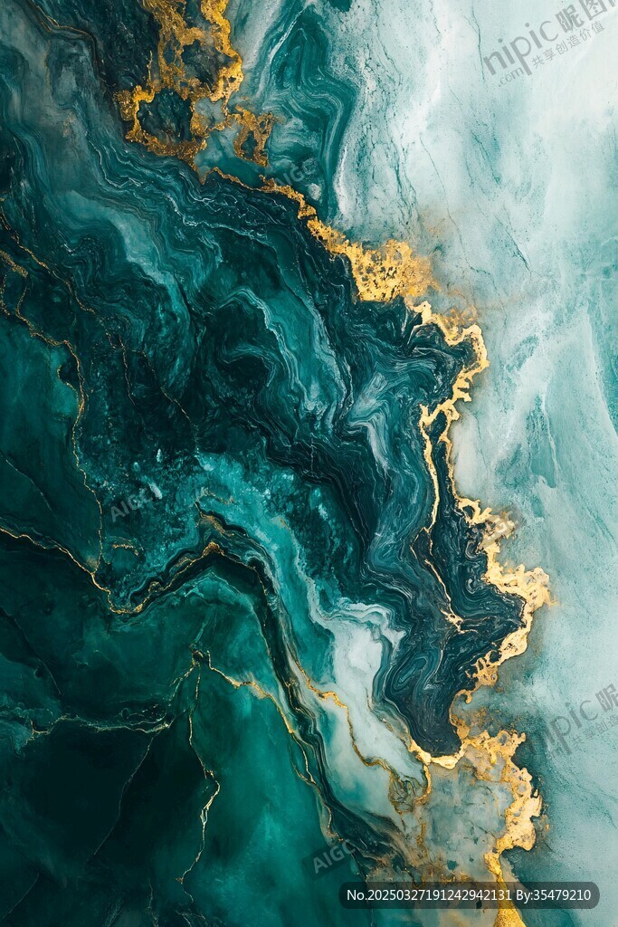 绿金交融的抽象流体艺术