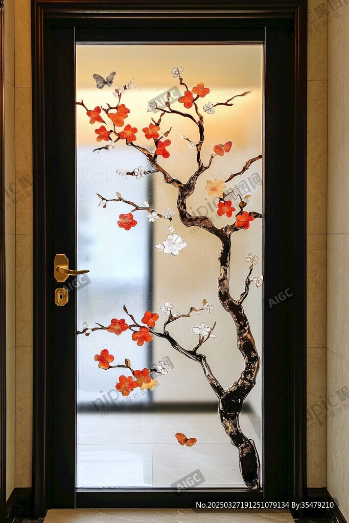 中式梅花蝴蝶玻璃门装饰