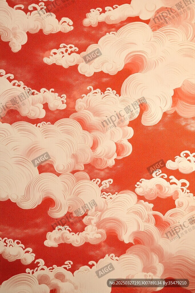 红色云海中式风插画背景