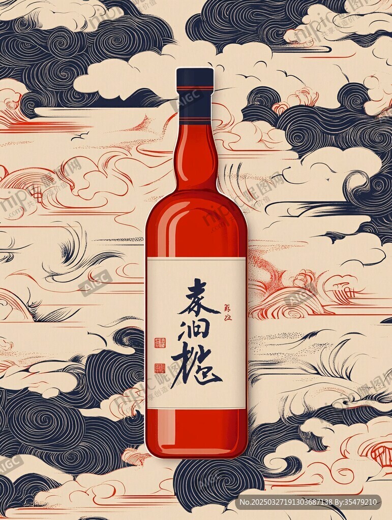 中式风米酒瓶插画设计