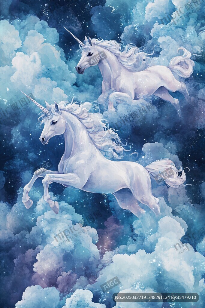 梦幻双独角兽翱翔云海