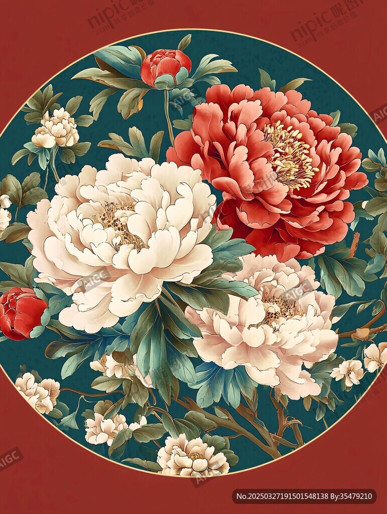圆形牡丹花卉复古图案