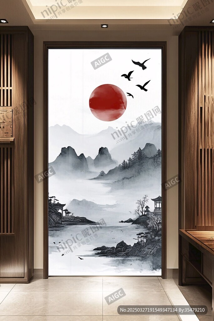 中式玄关山水红日飞鸟图
