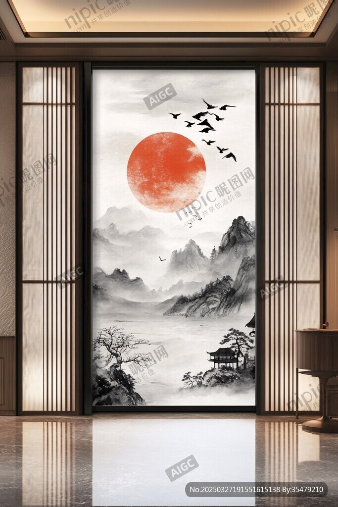 中式玄关红日飞鸟山水画