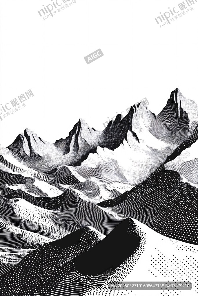 黑白山景抽象艺术插画