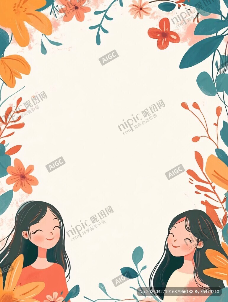 双生花女孩与烂漫花卉边框
