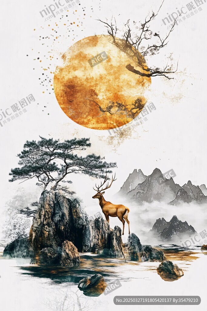 月夜鹿立松岩山水图