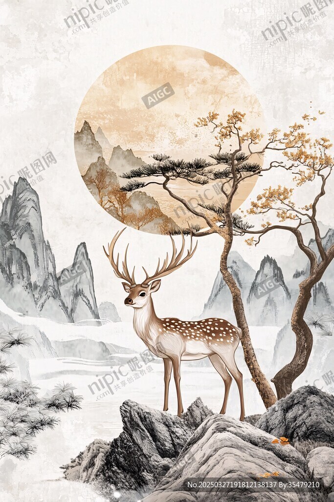 月夜仙鹿栖于山水间
