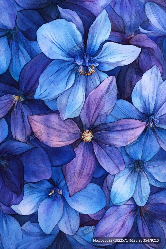 梦幻蓝紫色花卉水彩画