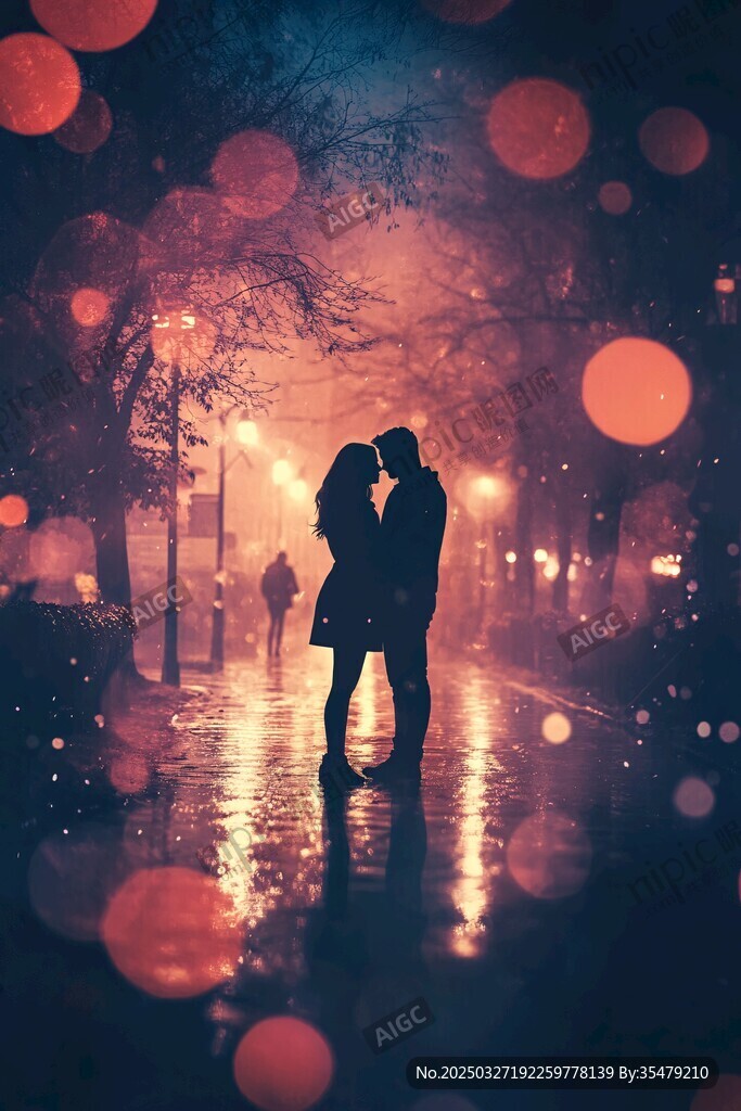 雨夜中的浪漫情侣剪影