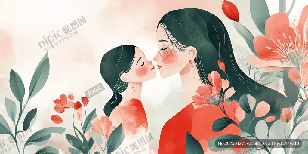母女温馨亲吻 繁花相伴
