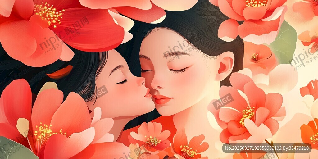 母女花下亲昵瞬间
