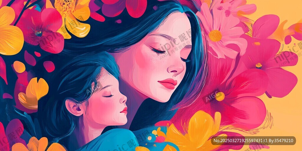 母女依偎于绚烂花海中