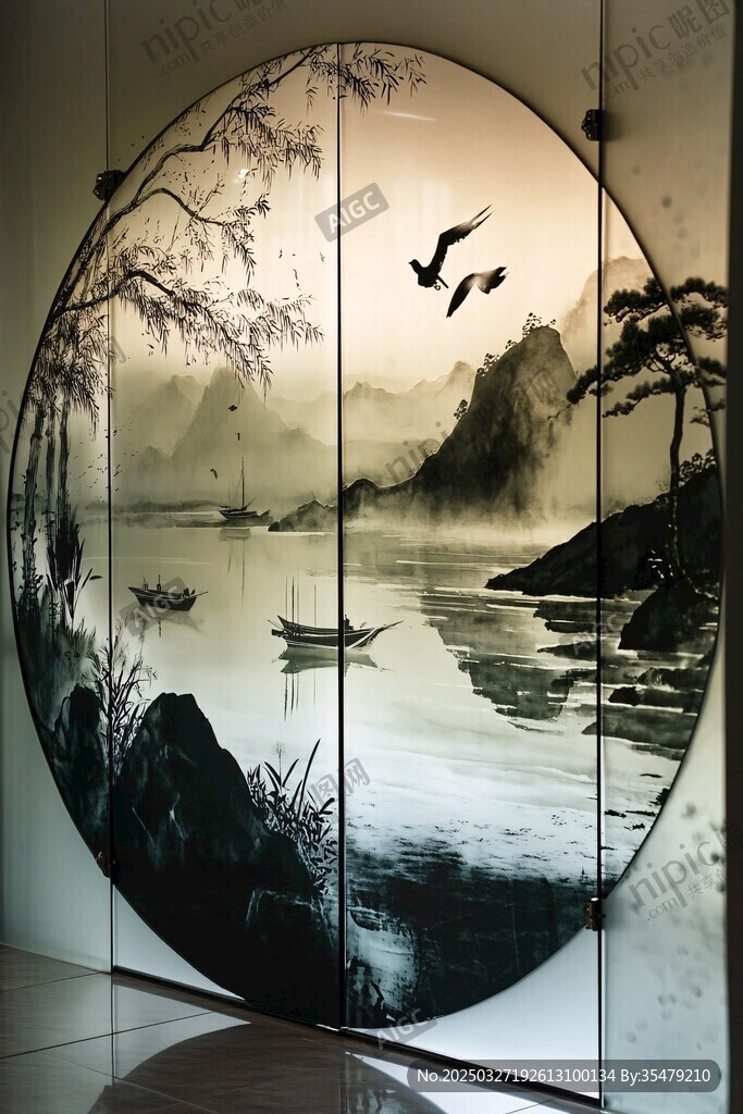 中式水墨圆形山水屏风
