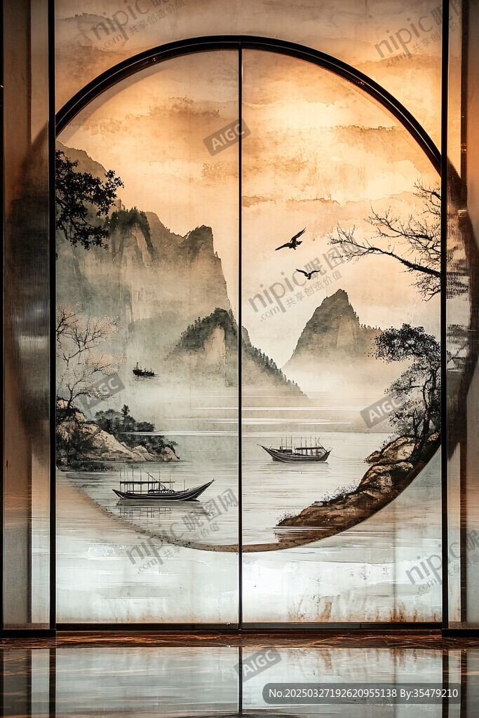 中式山水圆窗意境装饰画
