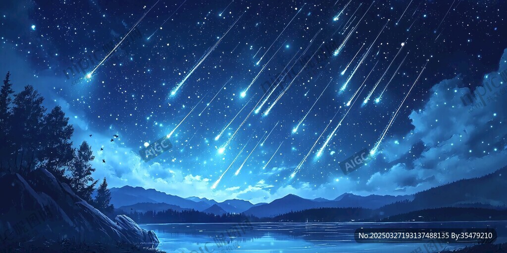 梦幻星空下的流星与山水