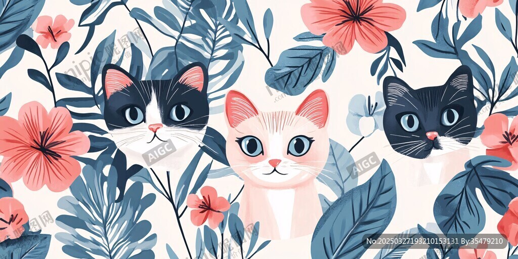 三只萌猫置身花卉绿植间