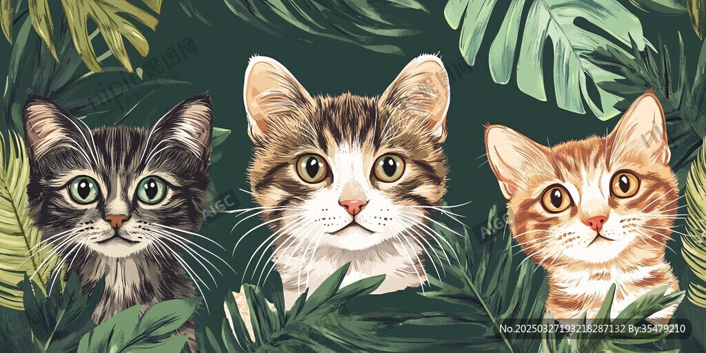 三只萌猫藏于绿植间