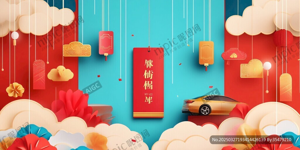 喜庆国潮风汽车促销场景