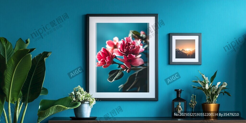 蓝墙下的花卉画作与绿植