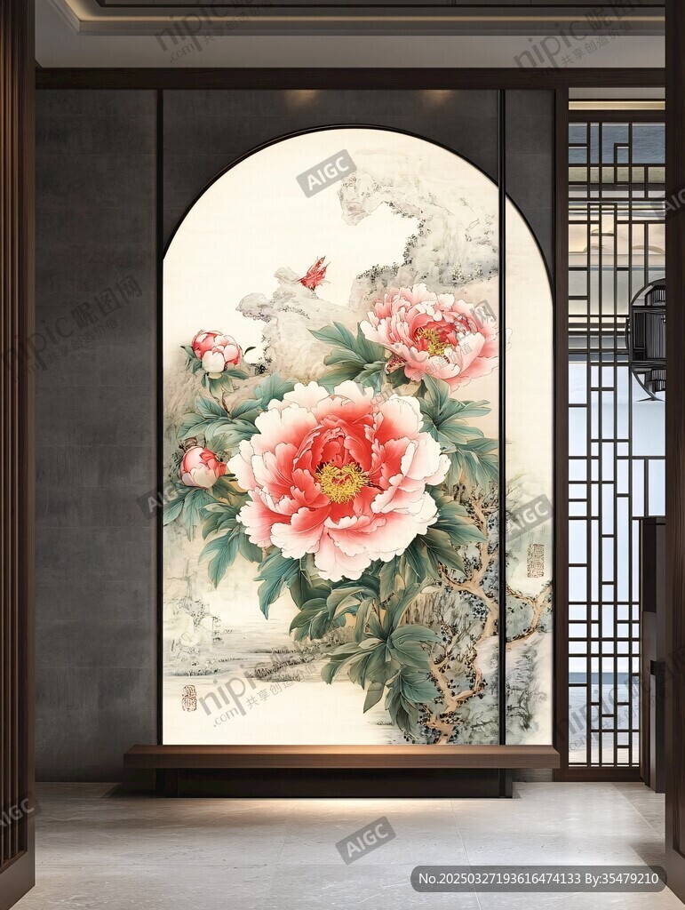 中式玄关牡丹花鸟艺术壁画