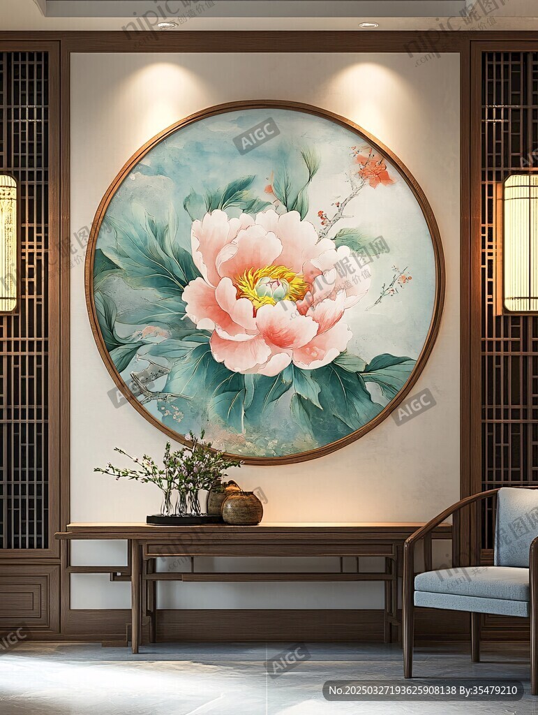 中式客厅里的牡丹圆形挂画